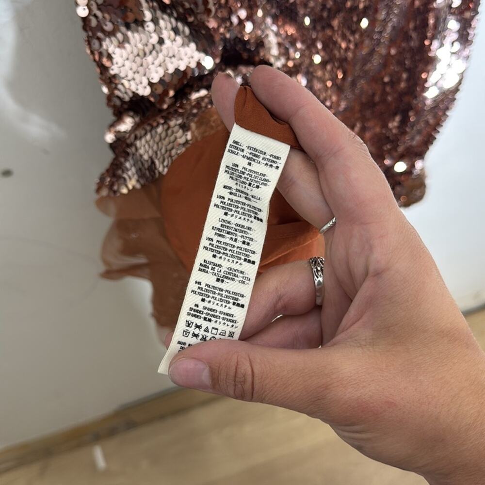 Free People Tribeca Bronze Sequin Ruffle Detail Black Ribbon Dress Small NEW! - Picture 5 of 5